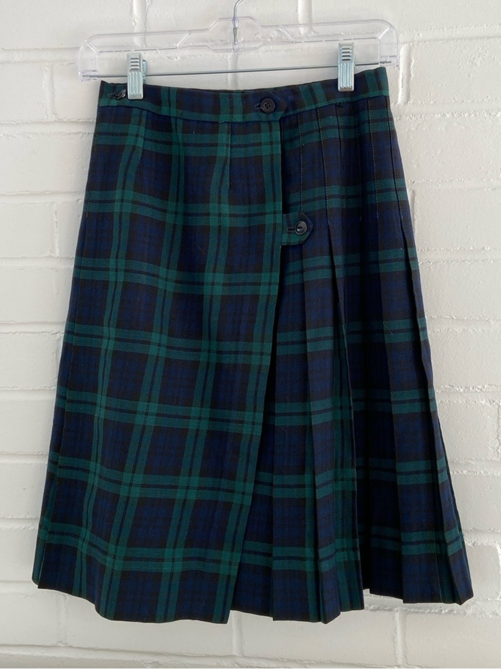 Womens Classic Blackwatch Plaid Green and Navy Winter Wool Pleated Skirt